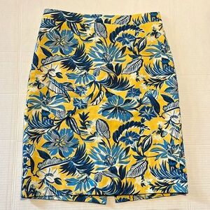J.Crew-2-yellow&blue floral print-basket weave, lined,slit in back, pencil skirt
